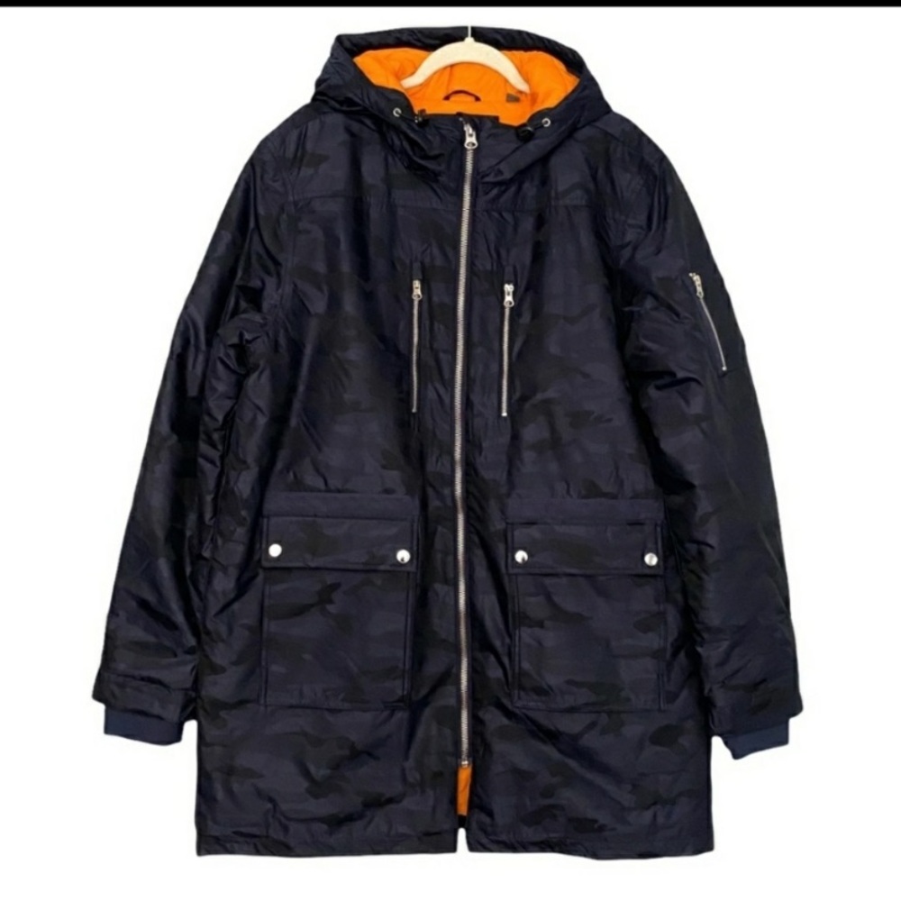 💙Slate & Stone Long Hooded Parka Coat Blue Black Camo Size L - Picture 3 of 15